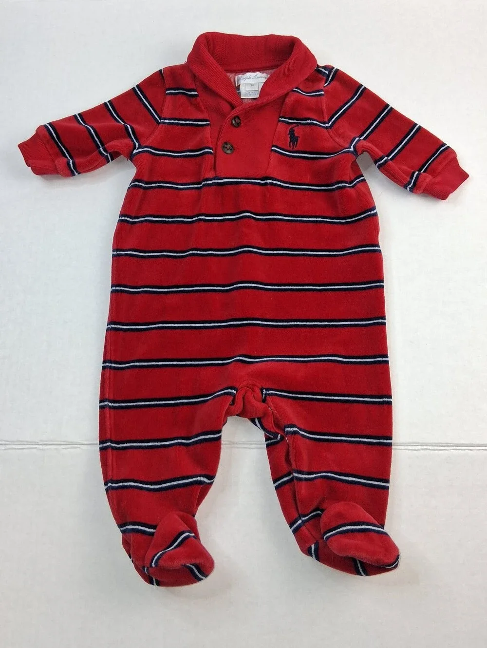 Ralph Lauren Red Navy Blue Stripe Shawl Collar Velor Footed Sleeper 3M